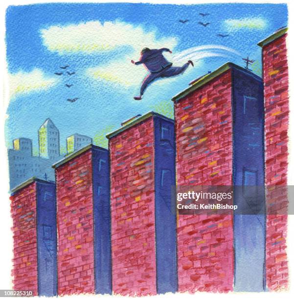 man jumping from building roofs in city - jumping the building stock illustrations