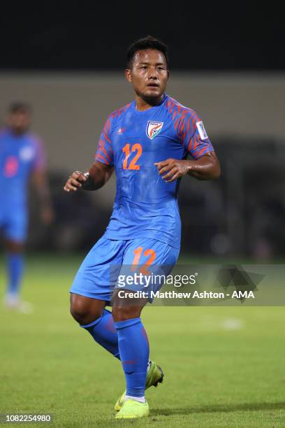 Jeje Lalpekhlua of India in action during the AFC Asian Cup Group A match between India and Bahrain at Sharjah Stadium on January 14, 2019 in...