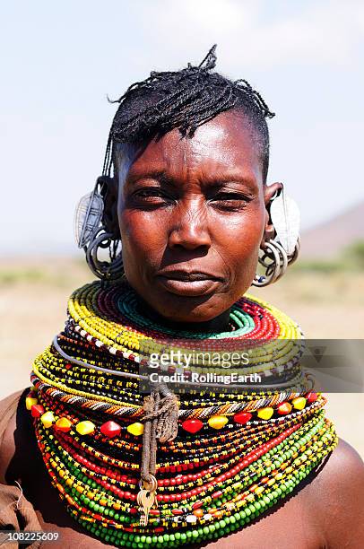 authentic turcana woman with colorful necklaces - kenyansk kultur bildbanksfoton och bilder
