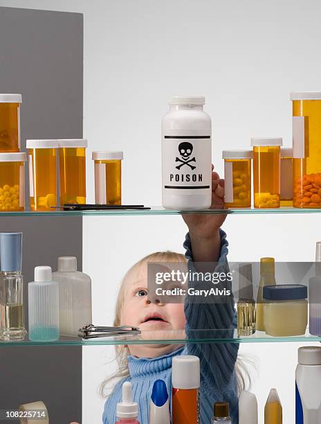 child safety series #1-little girl reaching into medicine cabinet - medicine cabinet 個照片及圖片檔