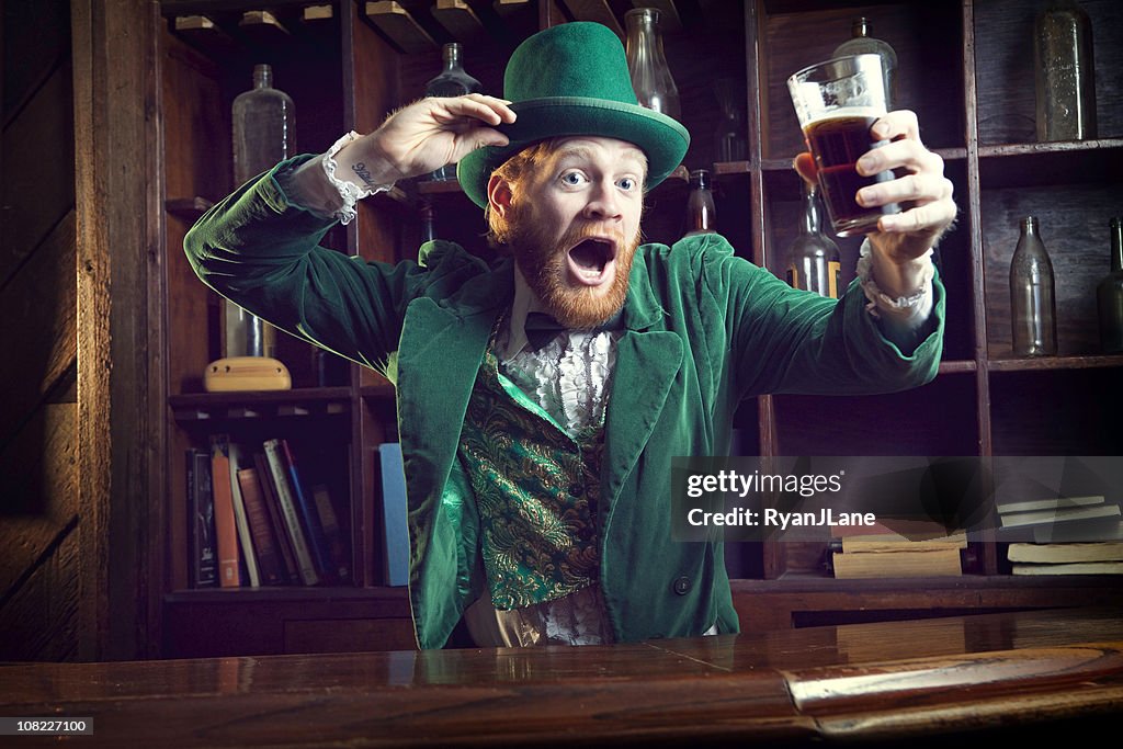 Irish Character / Leprechaun Celebrating with Pint of Beer