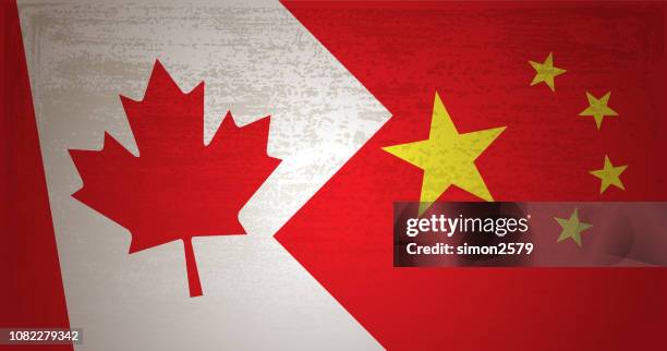 illustrations, cliparts, dessins animés et icônes de notion de conflit avec le drapeau du canada et de la chine sur fond grunge texturé - drapeau chinois