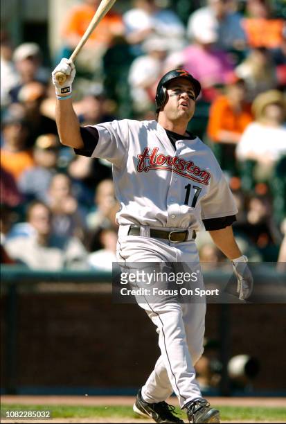 Lance Berkman of the Houston Astros bats against the San Francisco Giants during an Major League Baseball game April 13, 2006 at AT&T Park in San...