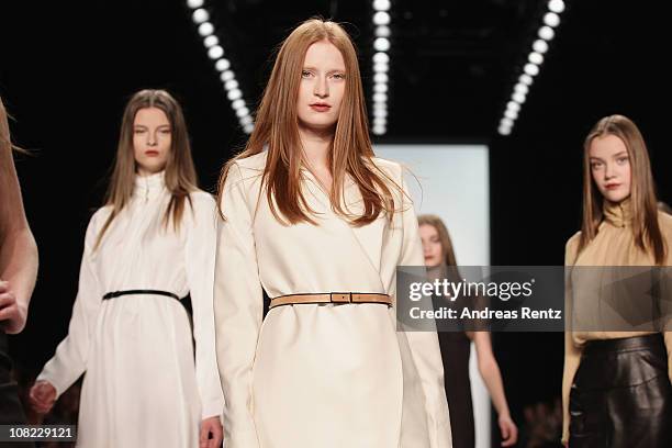 Models walk the runway at the Kaviar Gauche Show during the Mercedes Benz Fashion Week Autumn/Winter 2011 at Bebelplatz on January 21, 2011 in...