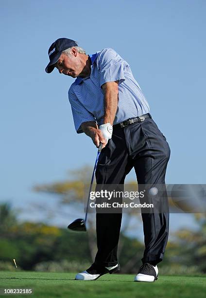 Ben Crenshaw plays from the second tee during the first round of the Mitsubishi Electric Championship at Hualalai Golf Club on January 21, 2011 in...