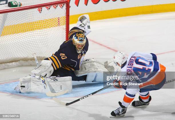 Patrick Lalime of the Buffalo Sabres makes a pad save on Michael Grabner of the New York Islanders at HSBC Arena on January 21, 2011 in Buffalo, New...