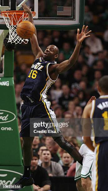 Francisco Elson of the Utah Jazz loses control of the ball in the second half against the Boston Celtics on January 21, 2011 at the TD Garden in...