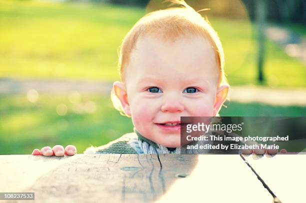 smiling baby boy outside - un solo niño bebé fotografías e imágenes de stock