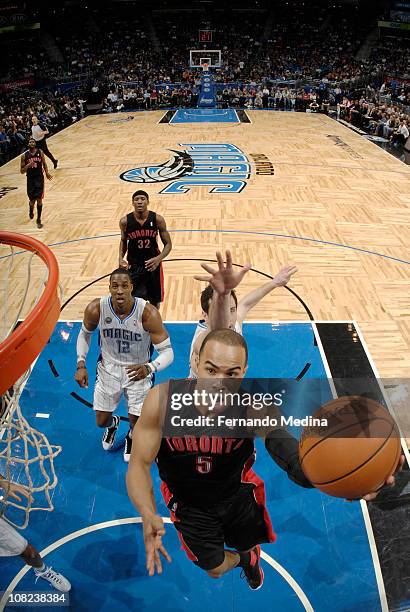 Jerryd Bayless of the Toronto Raptors shoots against the Orlando Magic on January 21, 2011 at the Amway Center in Orlando, Florida. NOTE TO USER:...