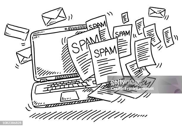 stockillustraties, clipart, cartoons en iconen met overvloed aan spam e-mail berichten laptop tekening - spam