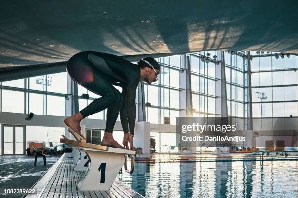 professional swimmer ready to set new records - swimming tournament stock pictures, royalty-free photos & images
