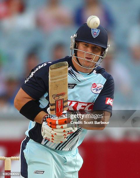 David Warner of the Blues bats during the Twenty20 Big Bash match between the Victorian Bushrangers and the New South Wales Blues at Melbourne...