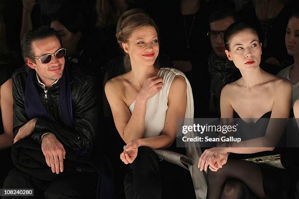 Oskar Roehler, Heike Makatsch and Nora von Waldstaetten sit in front row at the Kaviar Gauche Show during the Mercedes Benz Fashion Week...
