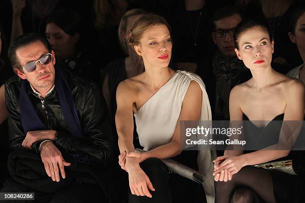 Oskar Roehler, Heike Makatsch and Nora von Waldstaetten sit in front row at the Kaviar Gauche Show during the Mercedes Benz Fashion Week...