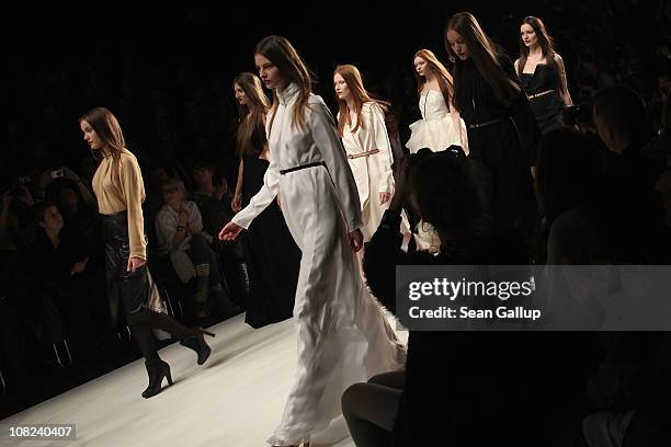 Models walk the runway at the Kaviar Gauche Show during the Mercedes Benz Fashion Week Autumn/Winter 2011 at Bebelplatz on January 21, 2011 in...