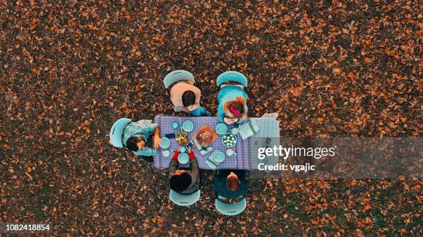 al-fresco-mahlzeit - friends toasting above table stock-fotos und bilder