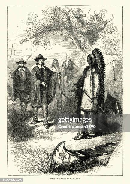 illustrations, cliparts, dessins animés et icônes de visite d’edward winslow à massasoit - wampanoag native american
