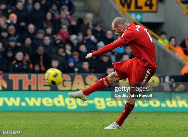 Raul Meireles of Liverpool scores his team's second goal during a Barclays Premier League match between Wolverhampton Wanderers and Liverpool at...