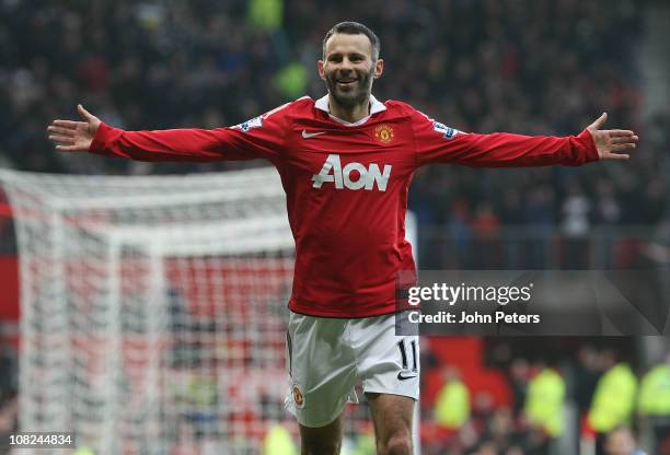 Ryan Giggs of Manchester United celebrates scoring their third goal during the Barclays Premier League match between Manchester United and Birmingham...