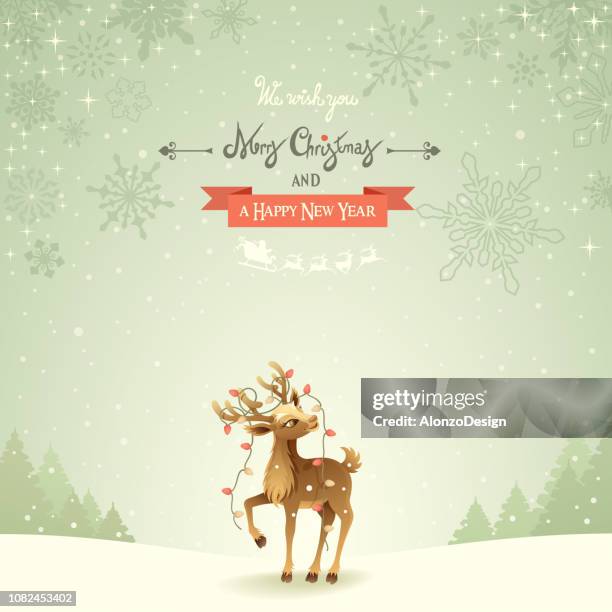 christmas reindeer - xmas tree snow lights silly stock illustrations