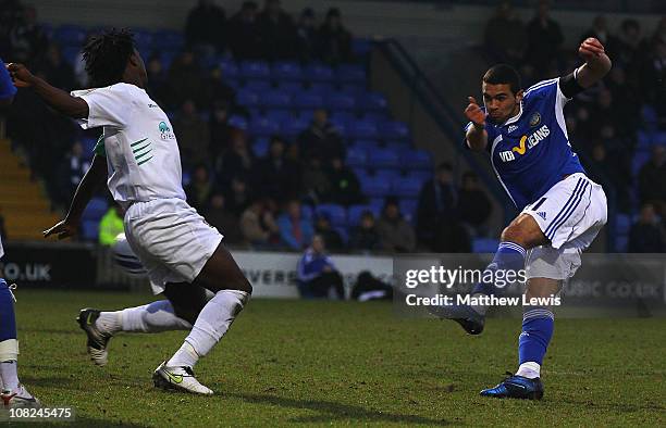 Colin Daniel of Macclesfield scores a goal during the npower League Two match between Macclesfield Town and Barnet at the Moss Rose Stadium on...