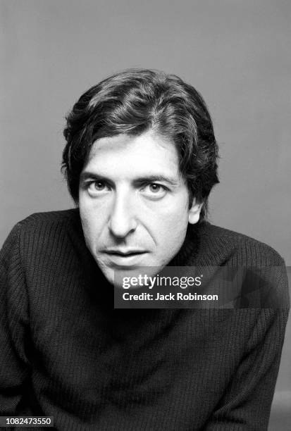 Portrait of Canadian poet, novelist, and musician Leonard Cohen dressed in a black sweater, August 1967.