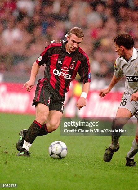 Andrei Shevchenko of AC Milan in action during the Italian Serie A game against Juventus played at the San Siro Stadium in Milan, Italy. The game...