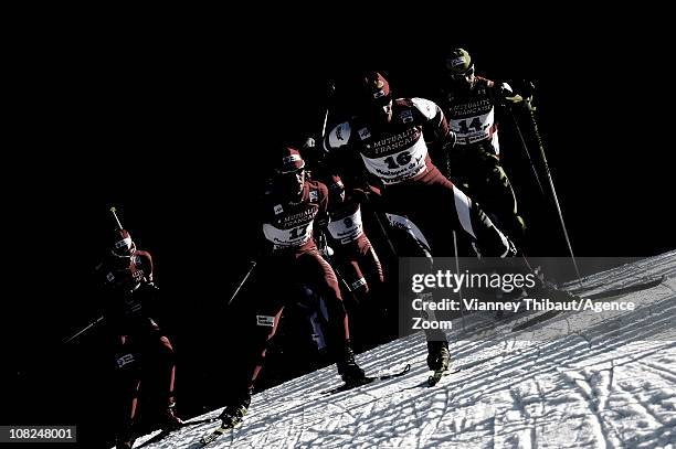 Felix Gottwald of Austria takes 3rd place, Mikko Kokslien of Norway takes 2nd place, Sebastien Lacroix of France during the DKB Nordic Combined FIS...