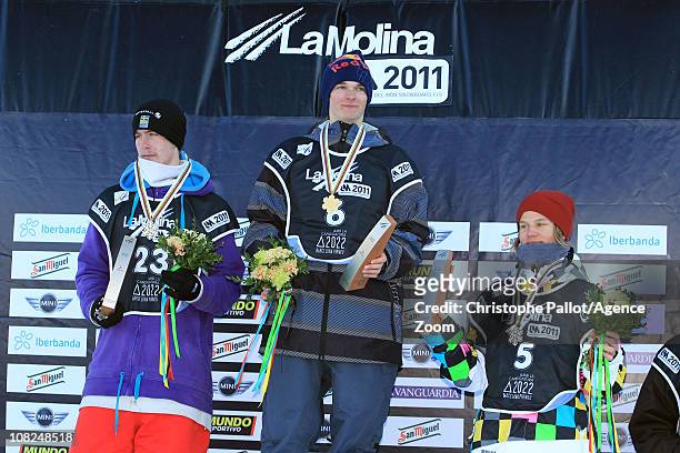 Seppe Smits of Belgium takes 1st place, Niklas Mattsson of Sweden takes 2nd place, Ville Paumola of Finland takes 3rd place during the FIS Snowboard...