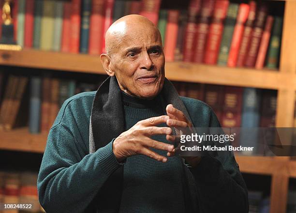 Singer Harry Belafonte speaks during a press junket at The Bing Decision Maker Series with the Sing Your Song Cast and Filmmakers on January 22,...