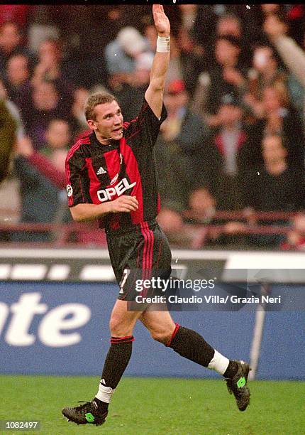 Andrei Shevchenko salutes the AC Milan fans after scoring during the Italian Serie A game against Juventus played at the San Siro Stadium in Milan,...