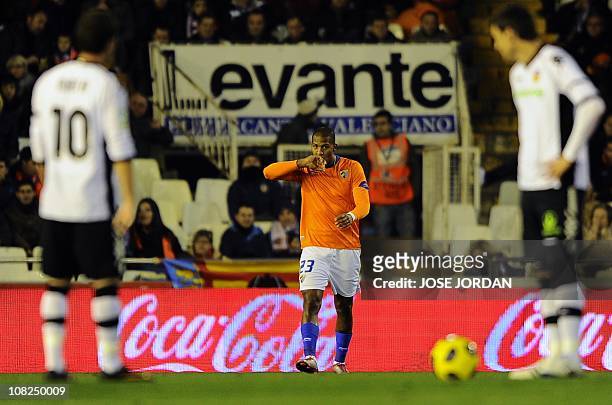 Malaga's Venezuelan forward Salomon Rondon celebrates his goal during the Spanish league football match Valencia vs Malaga on January 22,2011 at the...