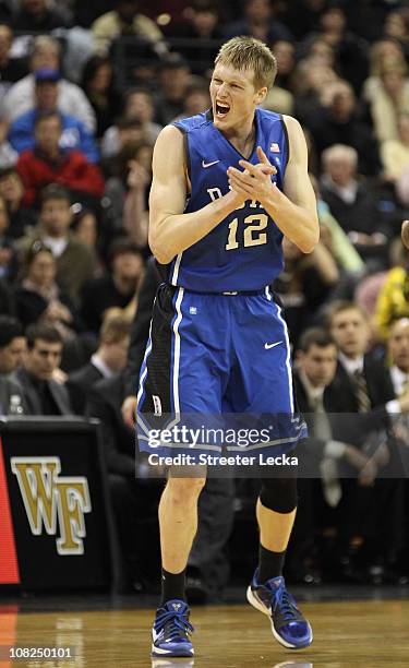 Kyle Singler of the Duke Blue Devils reacts to a play during their game against the Wake Forest Demon Deacons at Lawrence Joel Coliseum on January...