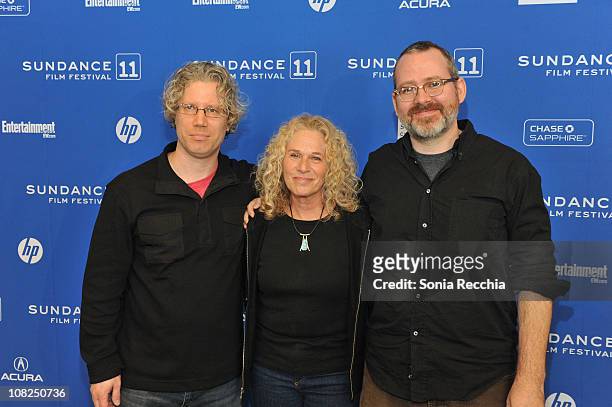 Producer Eddie Schmidt, songwriter Carole King, and director Morgan Neville attend the "Troubadours" Premiere at the Prospector Square Theater during...