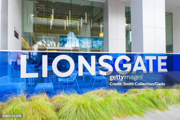 Sign on facade at headquarters of Lionsgate Films in the Silicon Beach neighborhood of Los Angeles, California, December 10, 2018.