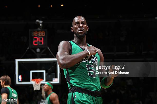 Kevin Garnett of the Boston Celtics gets pumped up pre-game against the Washington Wizards at the Verizon Center on January 22, 2011 in Washington,...