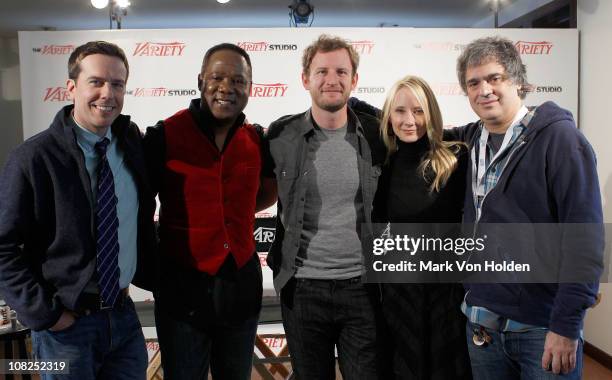 Actors Ed Helms and Isiah Whitlock Jr., Variety's Stuart Oldham, actress Anne Heche, and director Miguel Arteta attend the Variety Studio at Sundance...