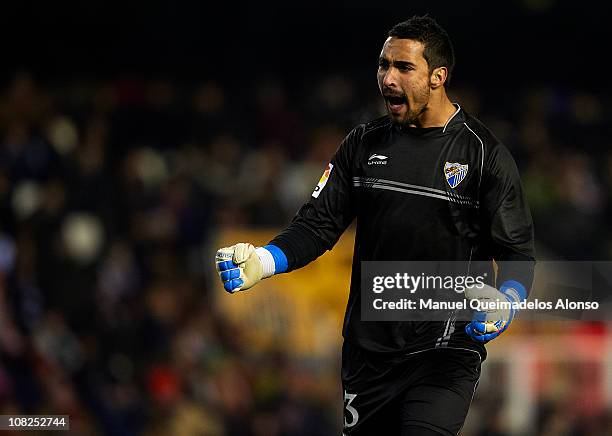 Sergio Asenjo of Malaga celebrates during the La Liga match between Valencia and Malaga at Estadio Mestalla on January 22, 2011 in Valencia, Spain....