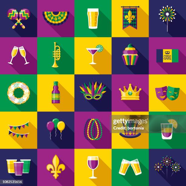 mardi gras flat design icon set - top hat icon stock illustrations