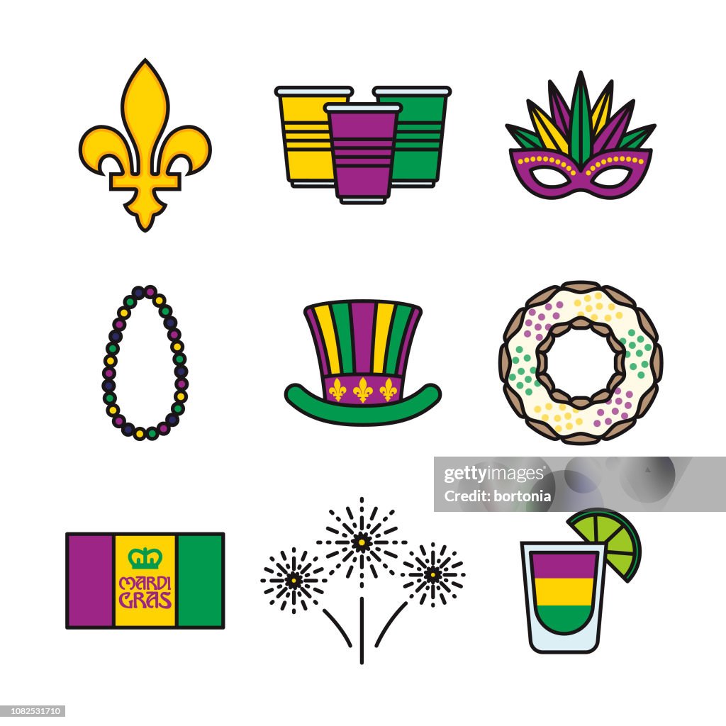 Mardi Gras Thin Line Icon Set