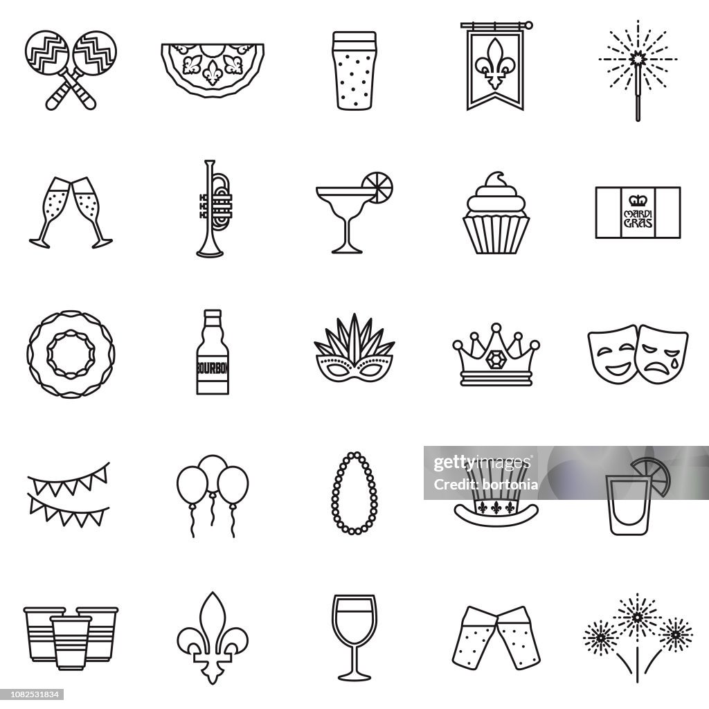 Mardi Gras Thin Line Icon Set