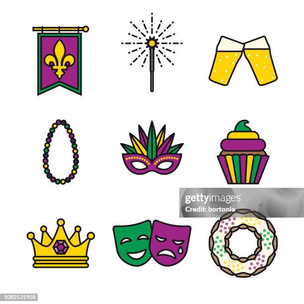 mardi gras thin line icon set - mardi gras mask stock illustrations