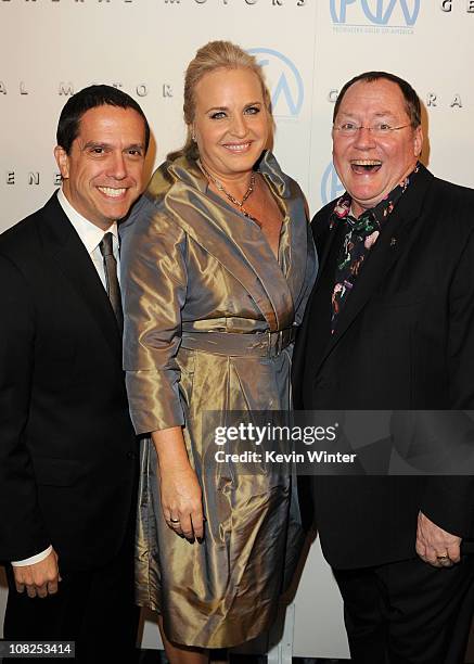 Producers Lee Unkrich, Darla K. Anderson and John Lasseter arrive at the 22nd Annual Producers Guild Awards at The Beverly Hilton hotel on January...