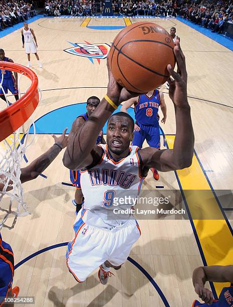 Serge Ibaka of the Oklahoma City Thunder goes up for a shot against the New York Knicks on January 22, 2011 at the Ford Center in Oklahoma City,...