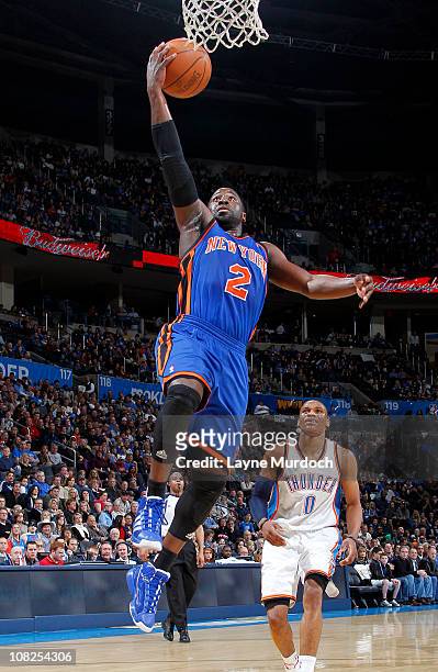 Raymond Felton of the New York Knicks goes up for a shot against the Oklahoma City Thunder on January 22, 2011 at the Ford Center in Oklahoma City,...