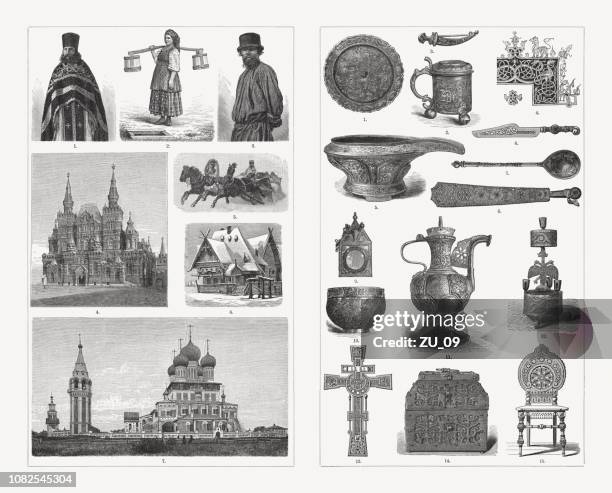 russian culture: people, buildings, culture objects, wood engravings, published 1897 - red square plate stock illustrations