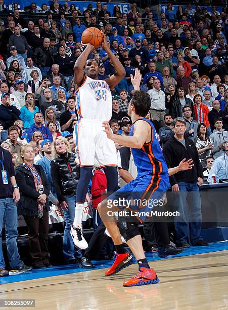 Kevin Durant of the Oklahoma City Thunder shoots the game winning 3-pointer against the New York Knicks on January 22, 2011 at the Ford Center in...