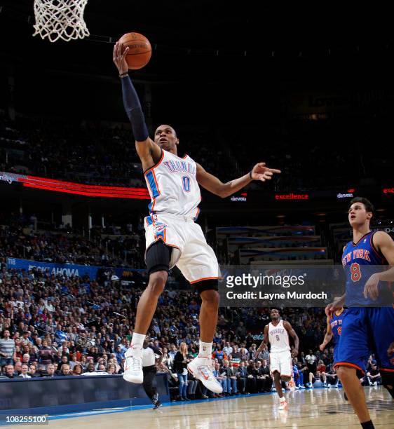 Russell Westbrook of the Oklahoma City Thunder goes up for a shot against the New York Knicks on January 22, 2011 at the Ford Center in Oklahoma...