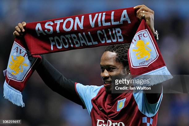 Aston Villa's new signing Jean Makoun is paraded to the fans prior to kickoff during the Barclays Premier League match between Aston Villa and...