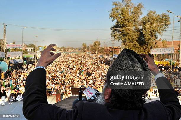 Syed Munawar Hasan , Chief of the Pakistani fundamentalist Islamic party Jamaat-i-Islami addresses the audience during an anti-US protest rally in...